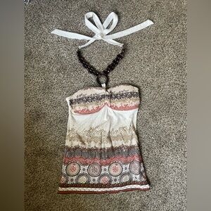 Boho Y2K Strapless Halter Printed Tube Top - Cream, Brown & Coral